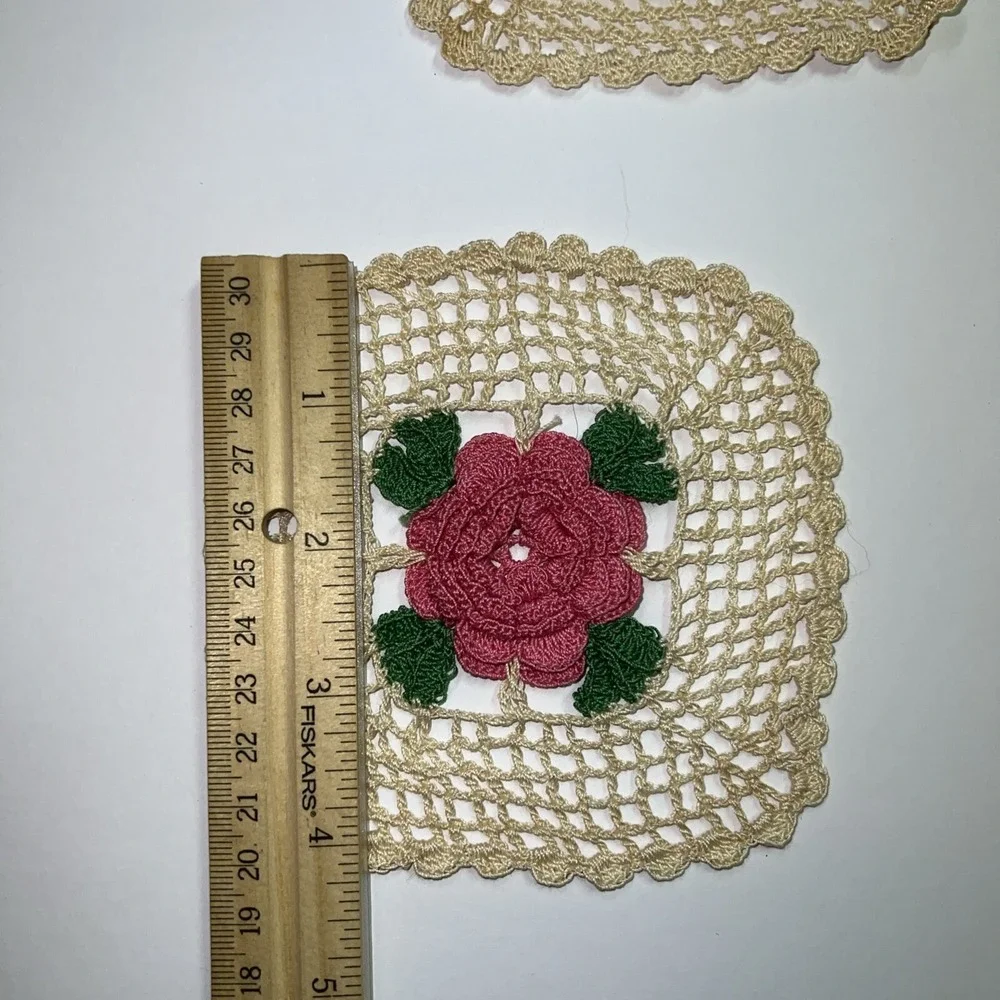 VTG 1950's Hand Crochet 3D Pink Beige Green Doilies Coasters Set Of 5 EUC